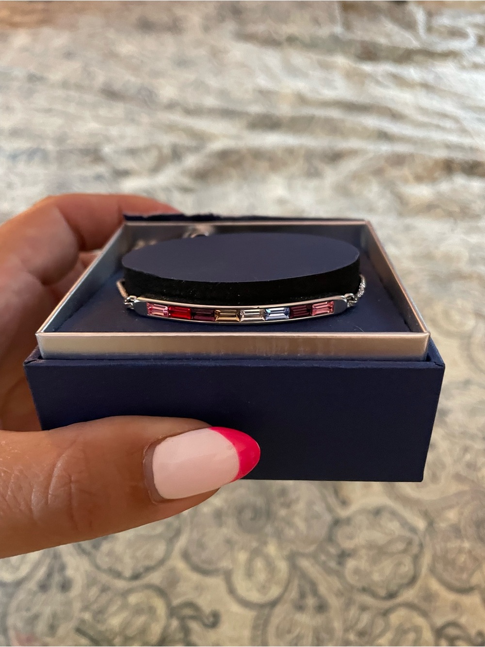 Silver Bar Bracelet with Multicolor Baguette Stones